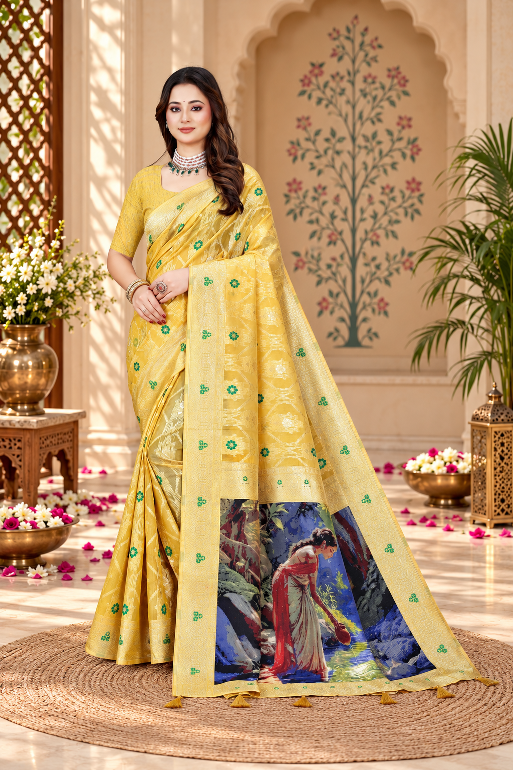 OWLSKY, SASSY & STYLO Jacquard Saree for Women | Elegant Weaving Work | Jacquard Silk Saree with Unstitched Blouse for Women | Unique Digital Pallu Art Yellow