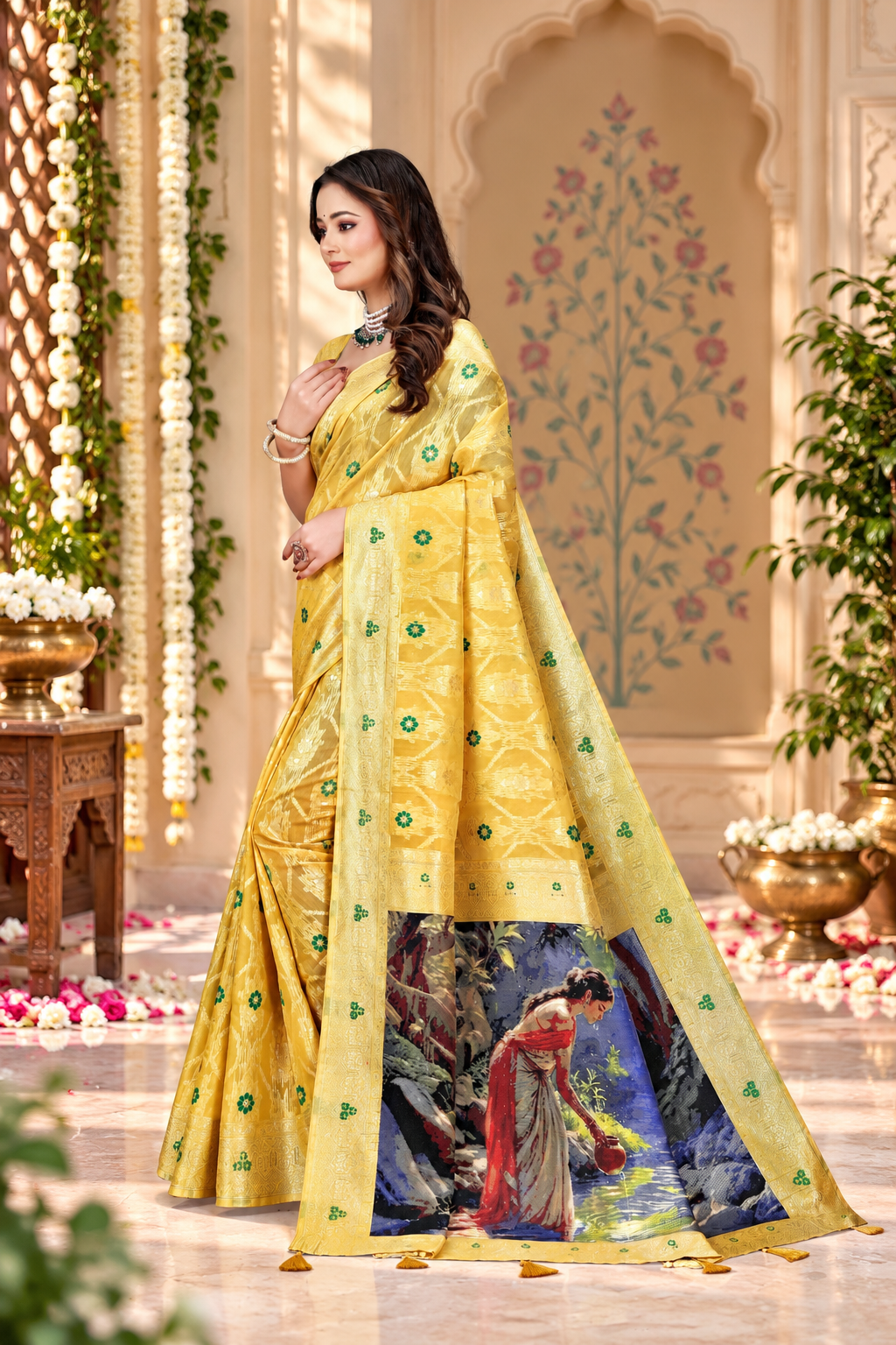 OWLSKY, SASSY & STYLO Jacquard Saree for Women | Elegant Weaving Work | Jacquard Silk Saree with Unstitched Blouse for Women | Unique Digital Pallu Art Yellow