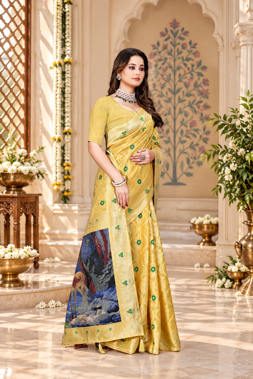 OWLSKY, SASSY & STYLO Jacquard Saree for Women | Elegant Weaving Work | Jacquard Silk Saree with Unstitched Blouse for Women | Unique Digital Pallu Art Yellow