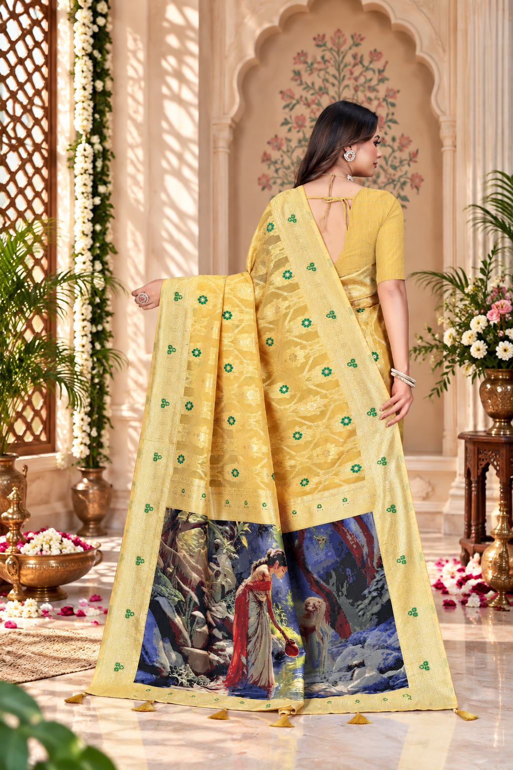 OWLSKY, SASSY & STYLO Jacquard Saree for Women | Elegant Weaving Work | Jacquard Silk Saree with Unstitched Blouse for Women | Unique Digital Pallu Art Yellow
