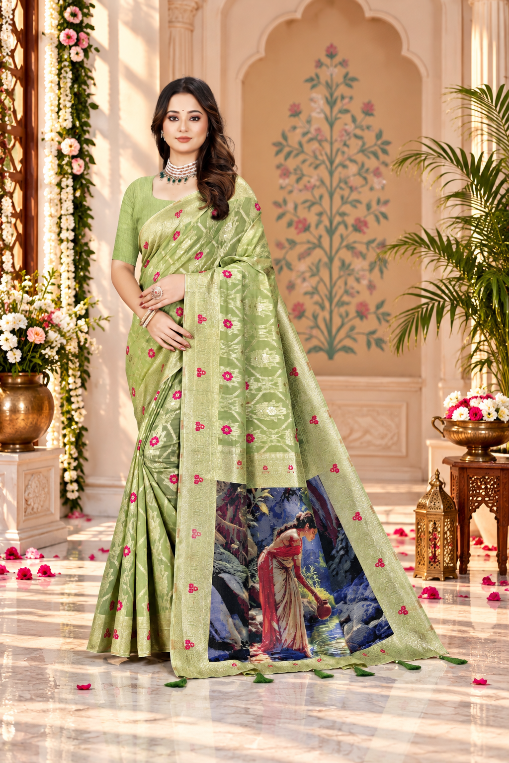 OWLSKY, SASSY & STYLO Jacquard Saree for Women | Elegant Weaving Work | Jacquard Silk Saree with Unstitched Blouse for Women | Unique Digital Pallu Art Green