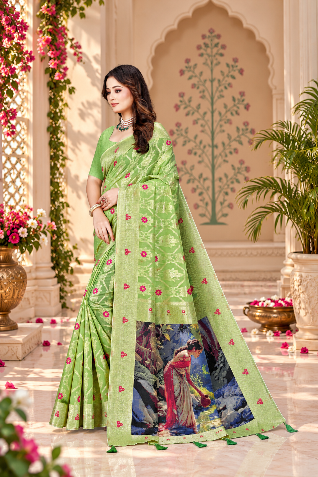OWLSKY, SASSY & STYLO Jacquard Saree for Women | Elegant Weaving Work | Jacquard Silk Saree with Unstitched Blouse for Women | Unique Digital Pallu Art Green