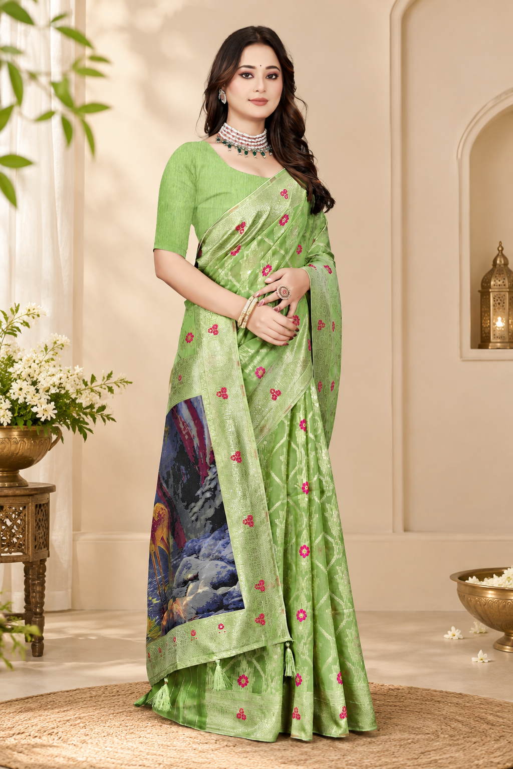 OWLSKY, SASSY & STYLO Jacquard Saree for Women | Elegant Weaving Work | Jacquard Silk Saree with Unstitched Blouse for Women | Unique Digital Pallu Art Green