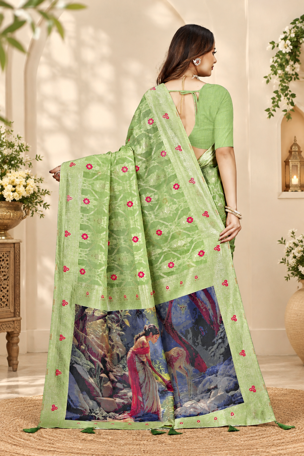 OWLSKY, SASSY & STYLO Jacquard Saree for Women | Elegant Weaving Work | Jacquard Silk Saree with Unstitched Blouse for Women | Unique Digital Pallu Art Green