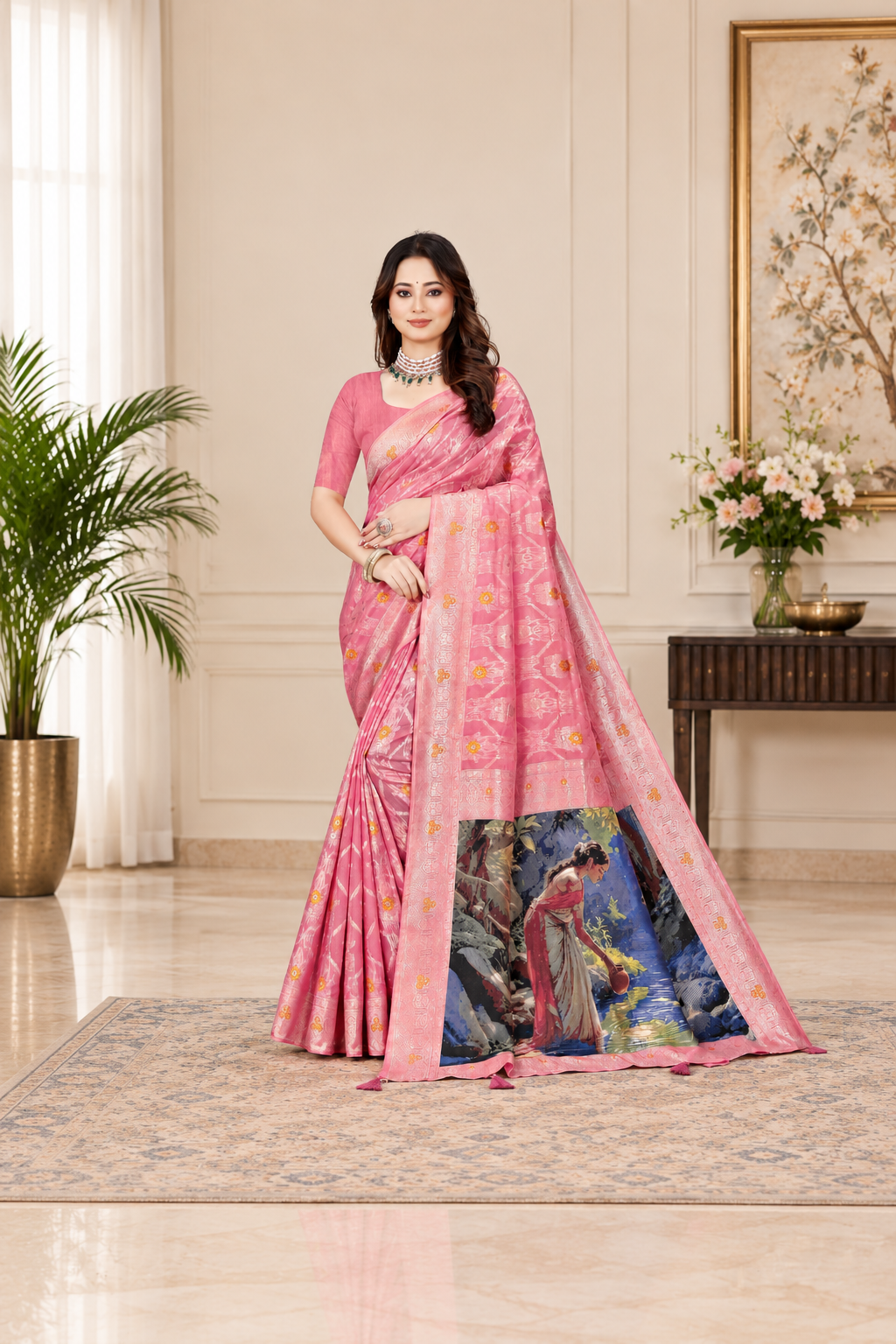 OWLSKY, SASSY & STYLO Jacquard Saree for Women | Elegant Weaving Work | Jacquard Silk Saree with Unstitched Blouse for Women | Unique Digital Pallu Art Pink