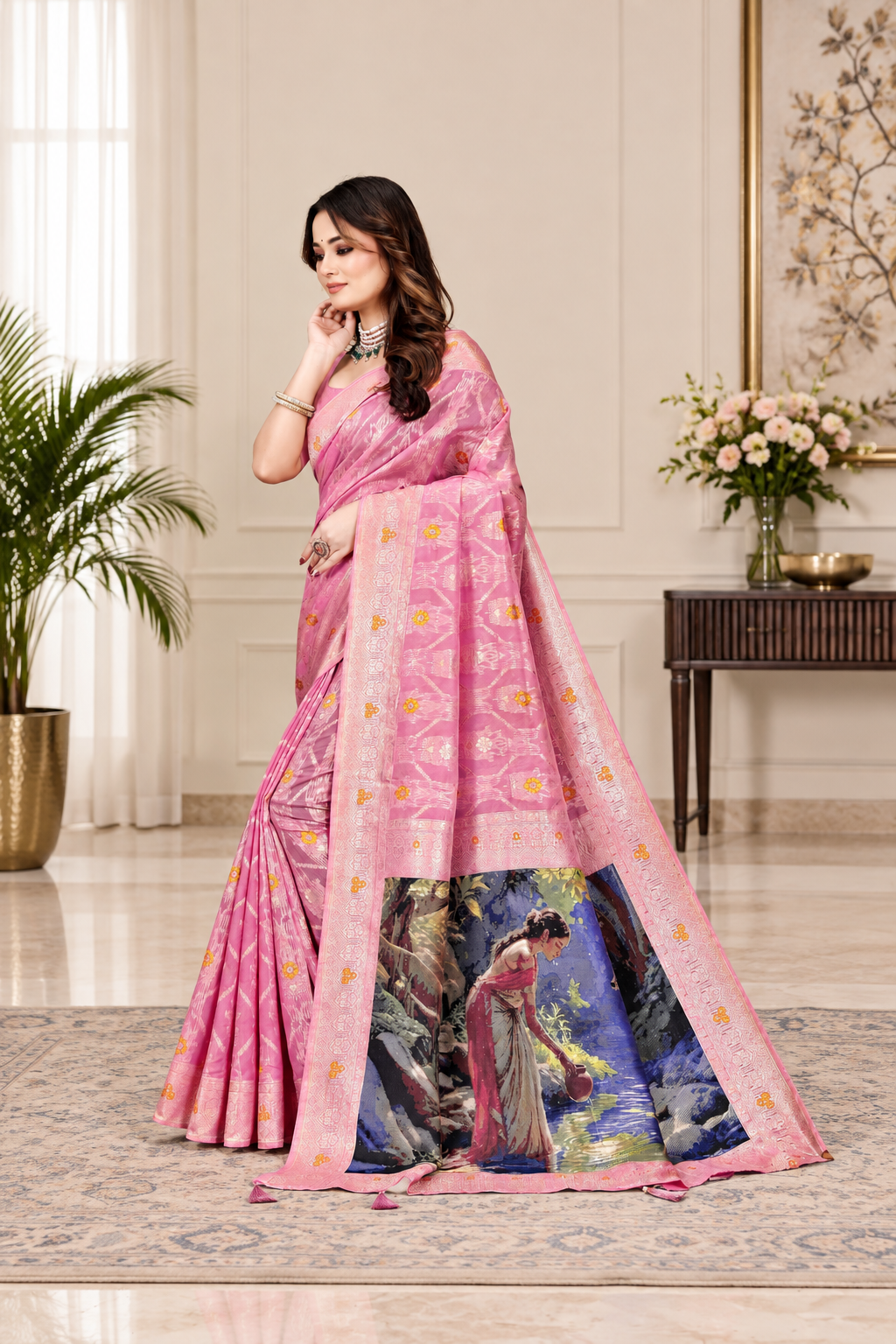 OWLSKY, SASSY & STYLO Jacquard Saree for Women | Elegant Weaving Work | Jacquard Silk Saree with Unstitched Blouse for Women | Unique Digital Pallu Art Pink