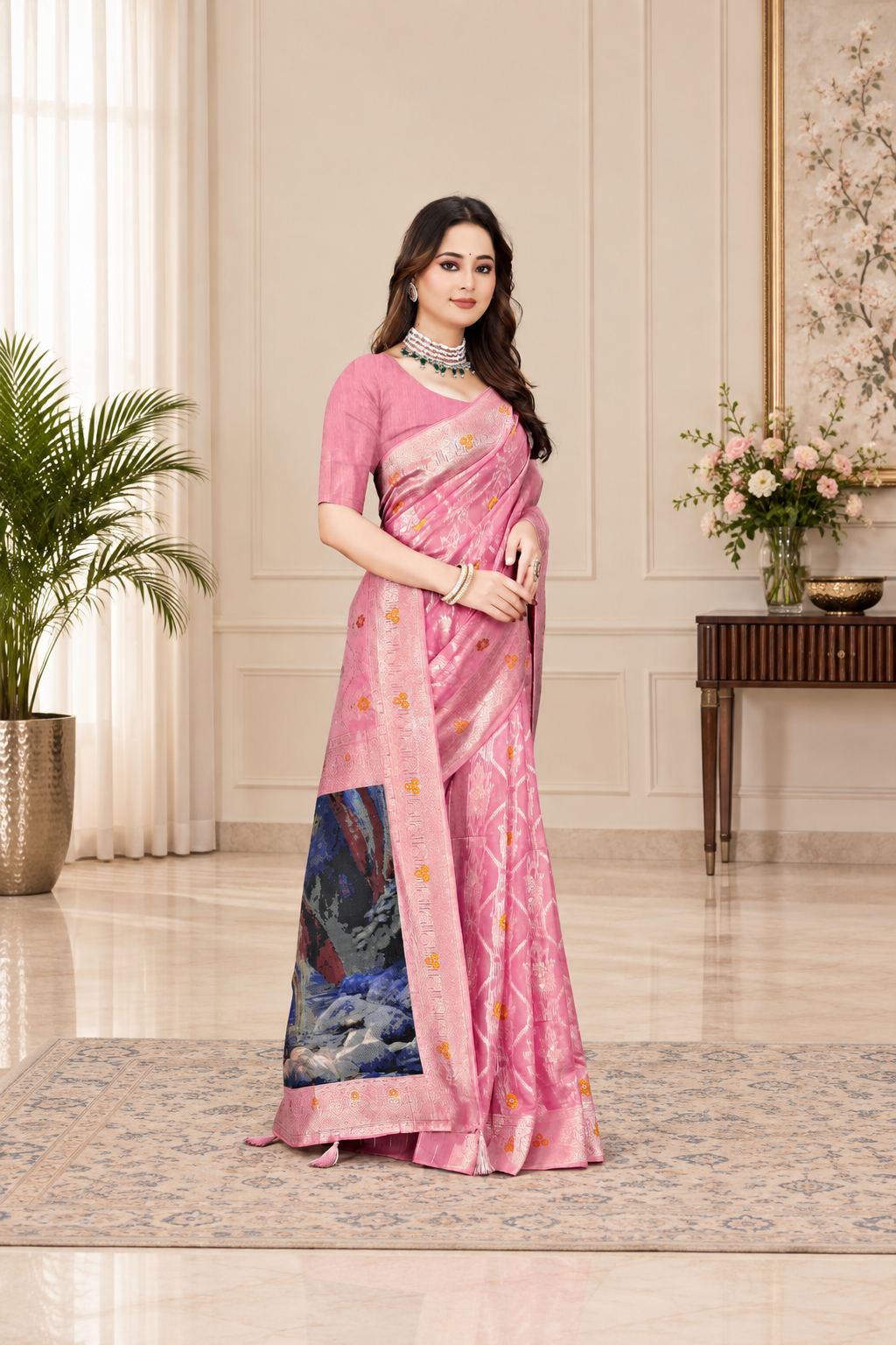 OWLSKY, SASSY & STYLO Jacquard Saree for Women | Elegant Weaving Work | Jacquard Silk Saree with Unstitched Blouse for Women | Unique Digital Pallu Art Pink