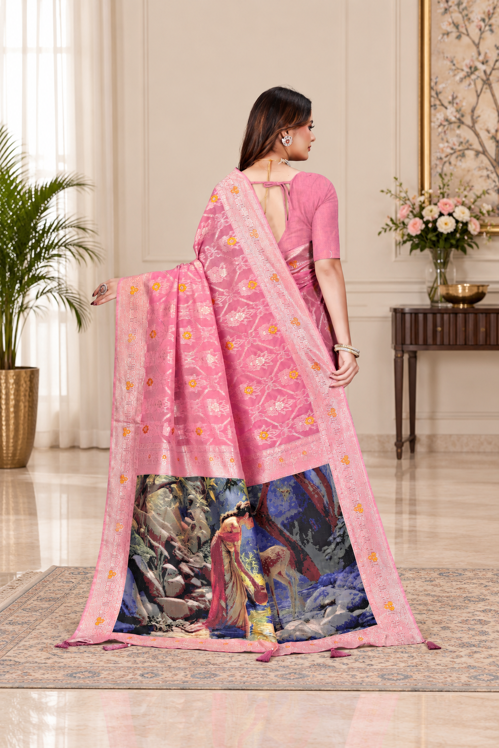 OWLSKY, SASSY & STYLO Jacquard Saree for Women | Elegant Weaving Work | Jacquard Silk Saree with Unstitched Blouse for Women | Unique Digital Pallu Art Pink