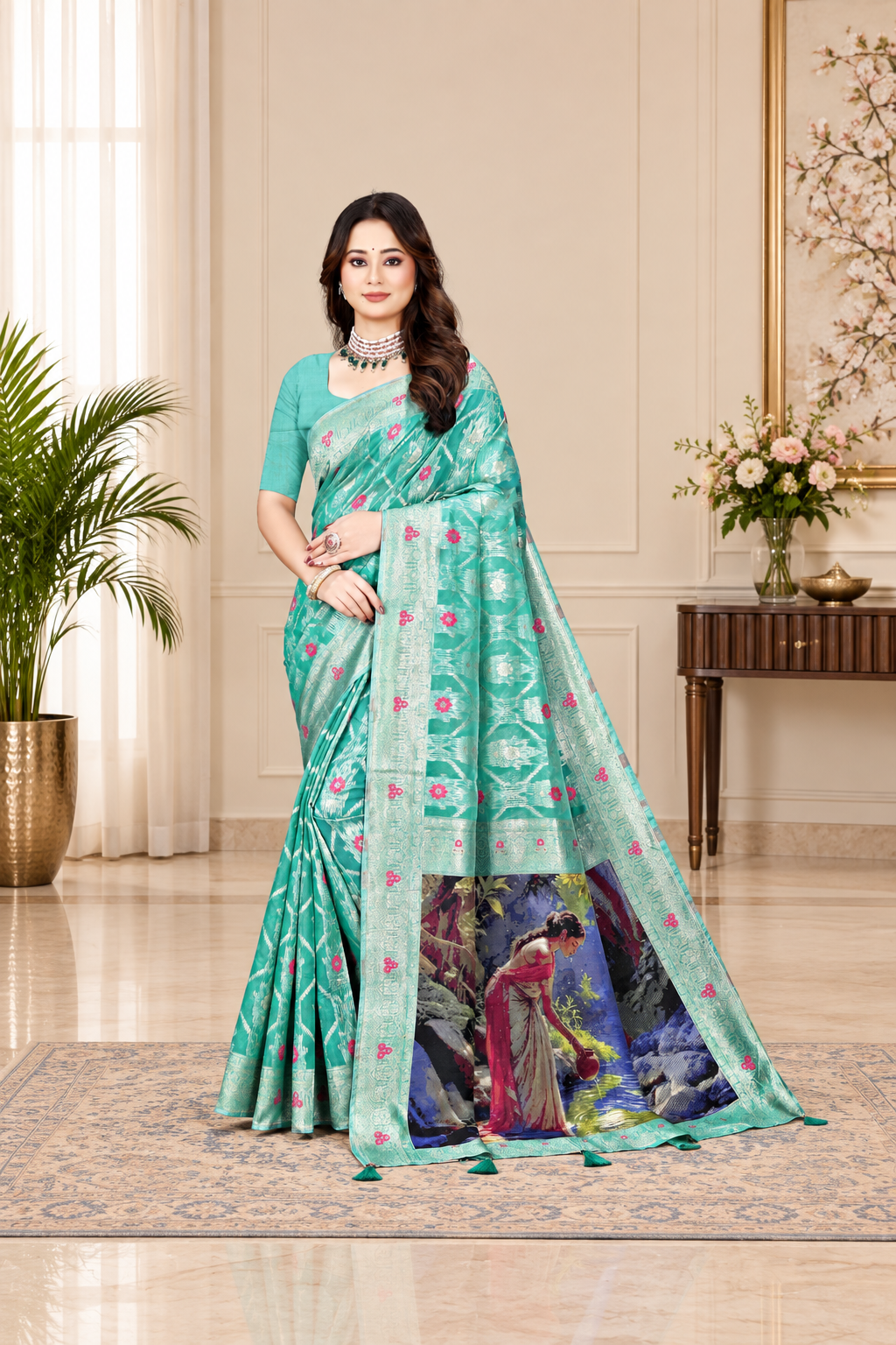 OWLSKY, SASSY & STYLO Jacquard Saree for Women | Elegant Weaving Work | Jacquard Silk Saree with Unstitched Blouse for Women | Unique Digital Pallu Art Sea Green
