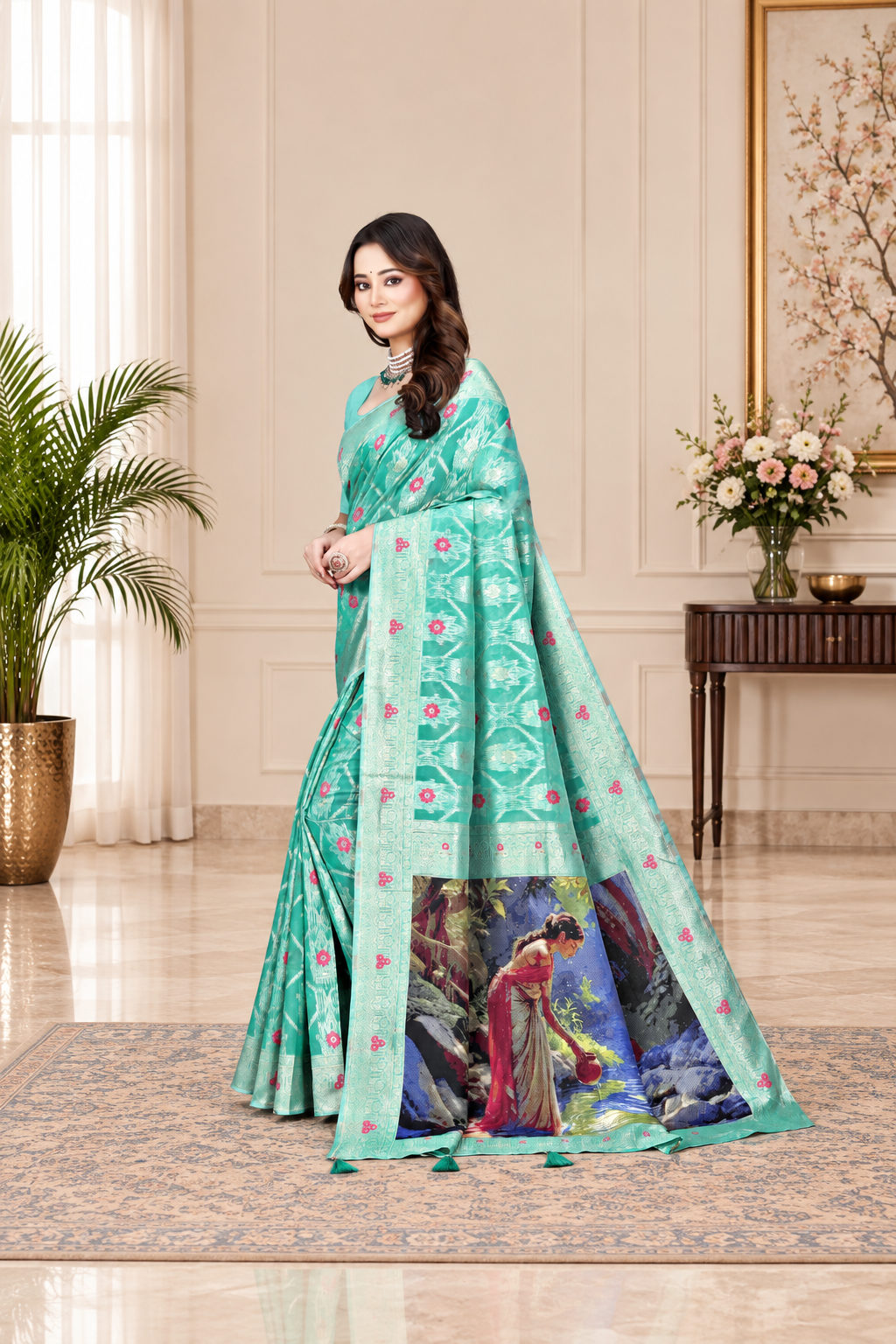 OWLSKY, SASSY & STYLO Jacquard Saree for Women | Elegant Weaving Work | Jacquard Silk Saree with Unstitched Blouse for Women | Unique Digital Pallu Art Sea Green