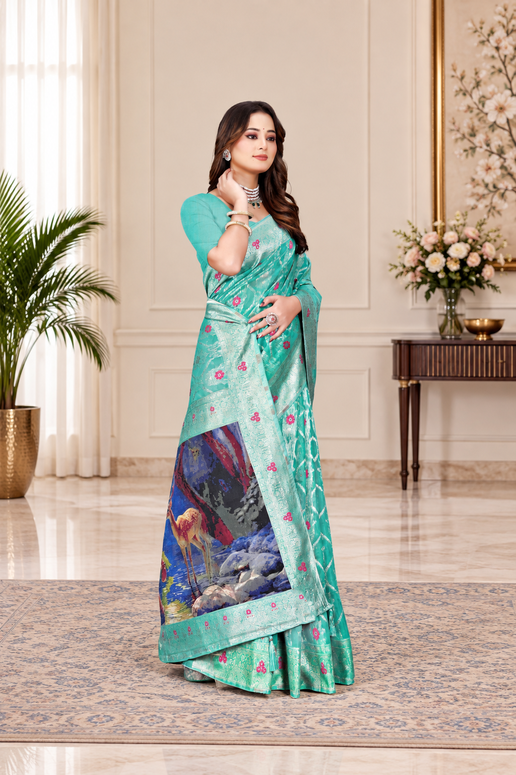 OWLSKY, SASSY & STYLO Jacquard Saree for Women | Elegant Weaving Work | Jacquard Silk Saree with Unstitched Blouse for Women | Unique Digital Pallu Art Sea Green
