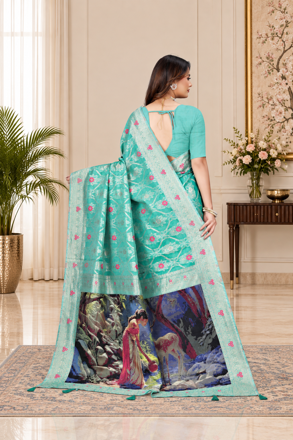 OWLSKY, SASSY & STYLO Jacquard Saree for Women | Elegant Weaving Work | Jacquard Silk Saree with Unstitched Blouse for Women | Unique Digital Pallu Art Sea Green