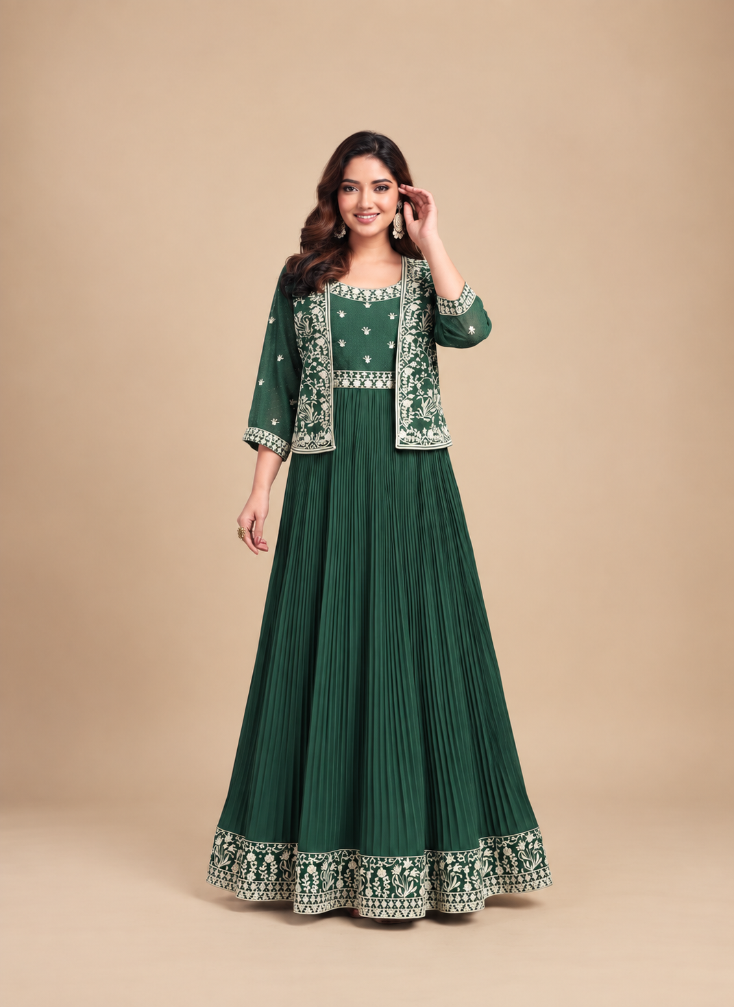 Women’s Dark Green Embroidered Anarkali Gown with Jacket | Designer Ethnic Floor-Length Dress for Wedding & Festive Wear