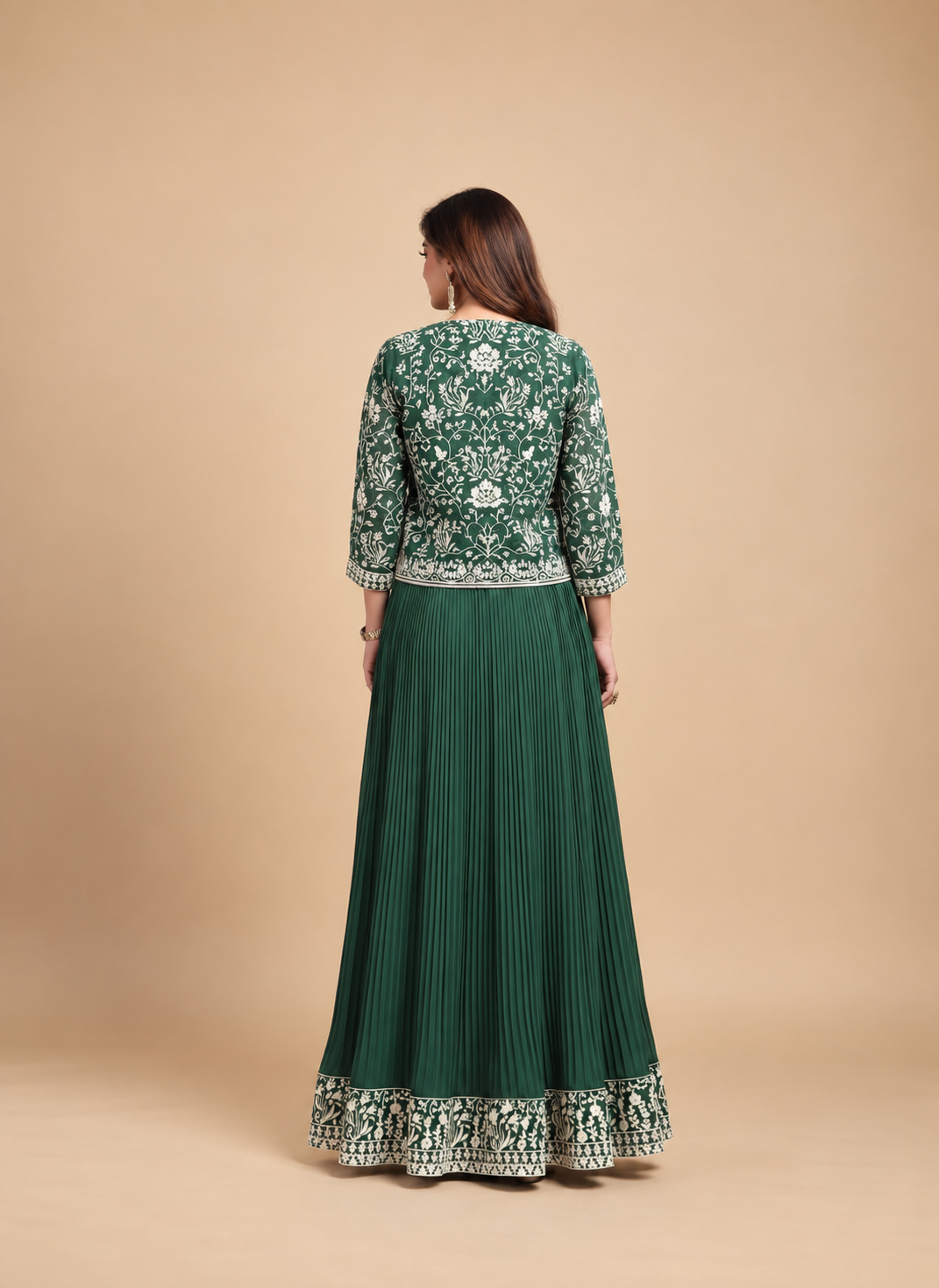 Women’s Dark Green Embroidered Anarkali Gown with Jacket | Designer Ethnic Floor-Length Dress for Wedding & Festive Wear