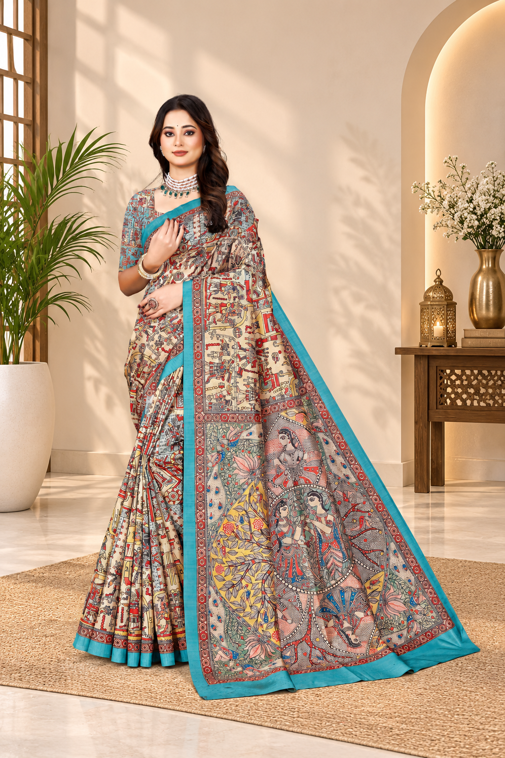 Madhubani Print Manipuri Silk Saree for Women | Indian Ethnic Party & Casual Wear | Unstitched Blouse Included Blue