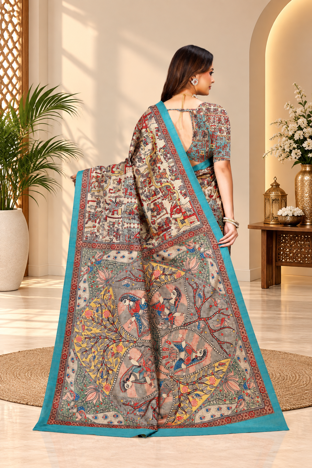Madhubani Print Manipuri Silk Saree for Women | Indian Ethnic Party & Casual Wear | Unstitched Blouse Included Blue
