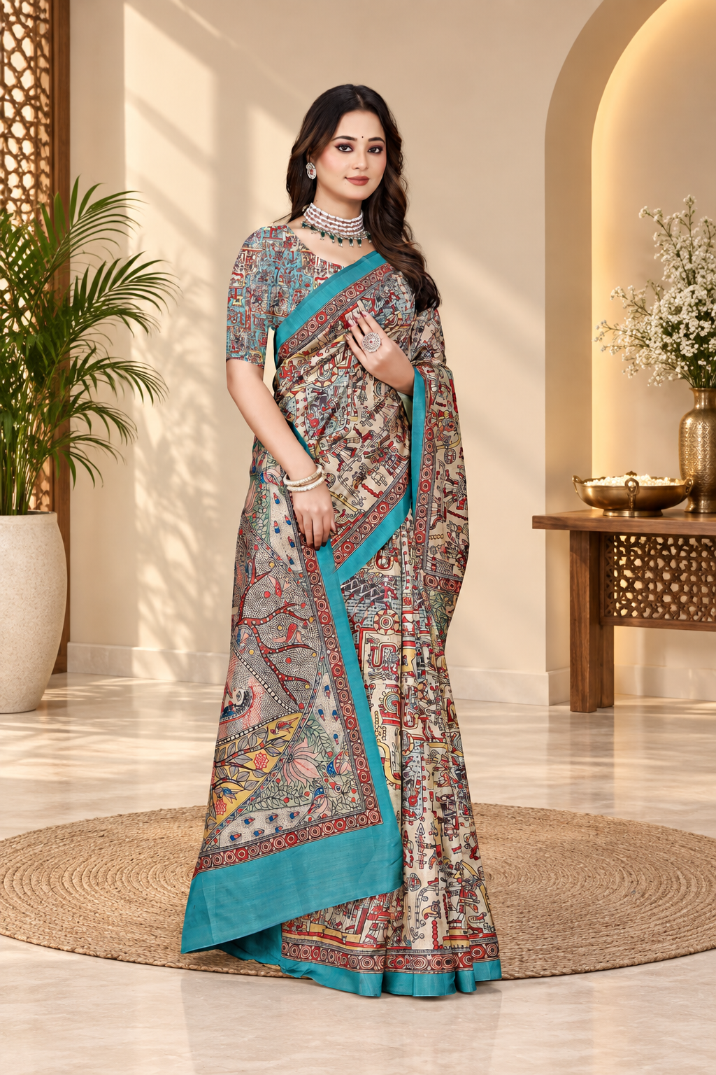 Madhubani Print Manipuri Silk Saree for Women | Indian Ethnic Party & Casual Wear | Unstitched Blouse Included Blue