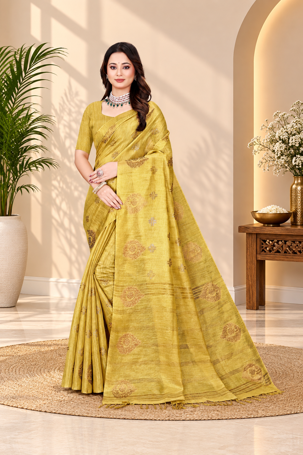 OWLSKY, SASSY & STYLO Women's Elegant Linen Weaving Saree with Unstitched Blouse Piece Haldi Yellow