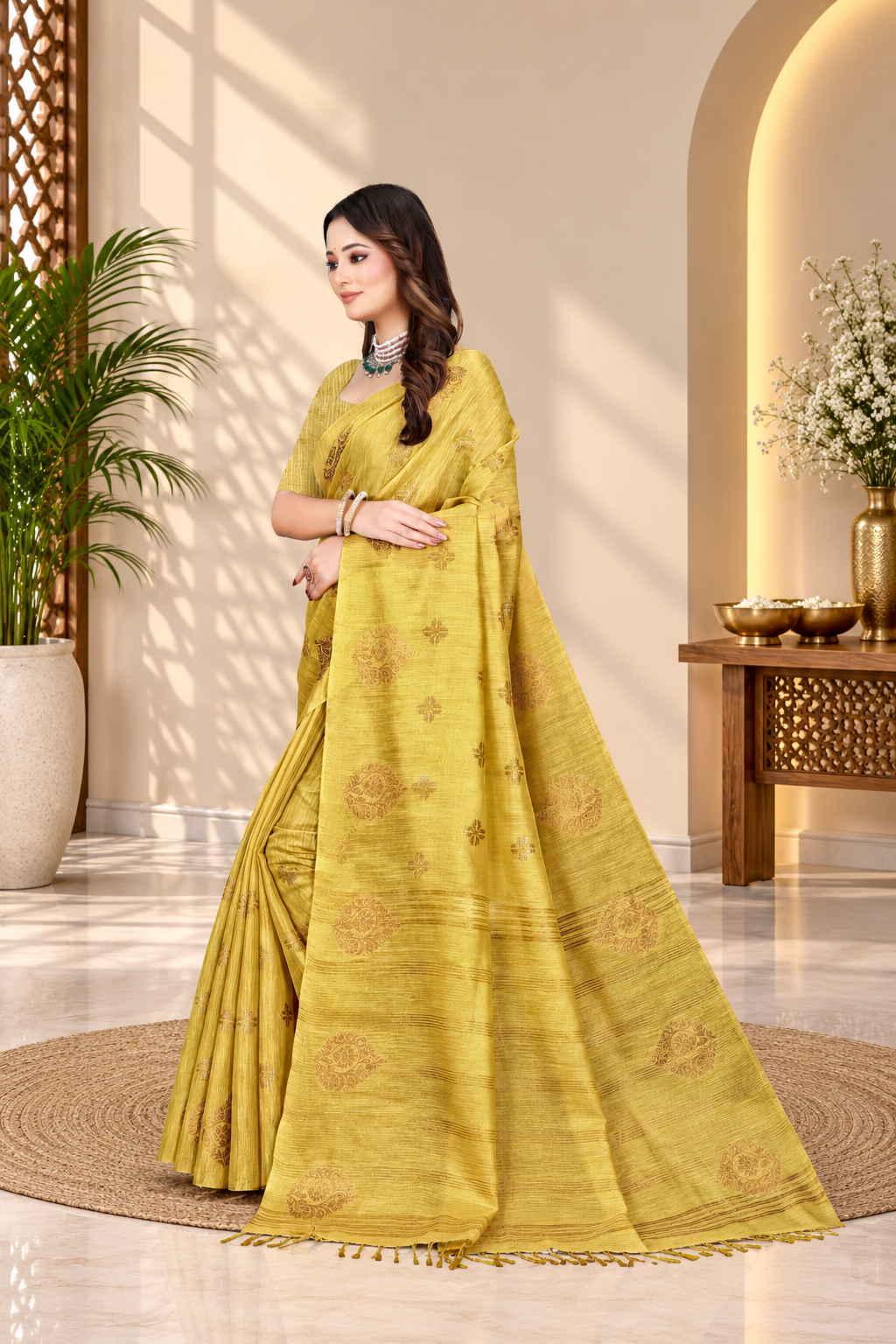 OWLSKY, SASSY & STYLO Women's Elegant Linen Weaving Saree with Unstitched Blouse Piece Haldi Yellow
