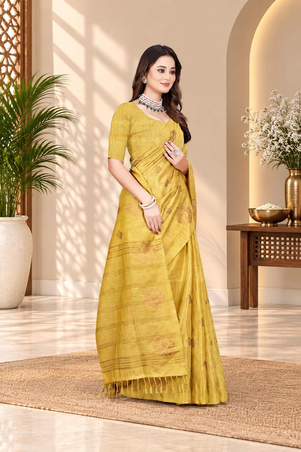 OWLSKY, SASSY & STYLO Women's Elegant Linen Weaving Saree with Unstitched Blouse Piece Haldi Yellow