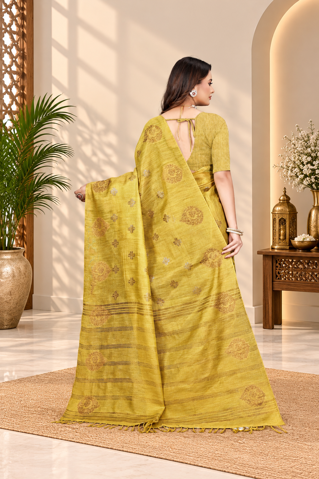 OWLSKY, SASSY & STYLO Women's Elegant Linen Weaving Saree with Unstitched Blouse Piece Haldi Yellow