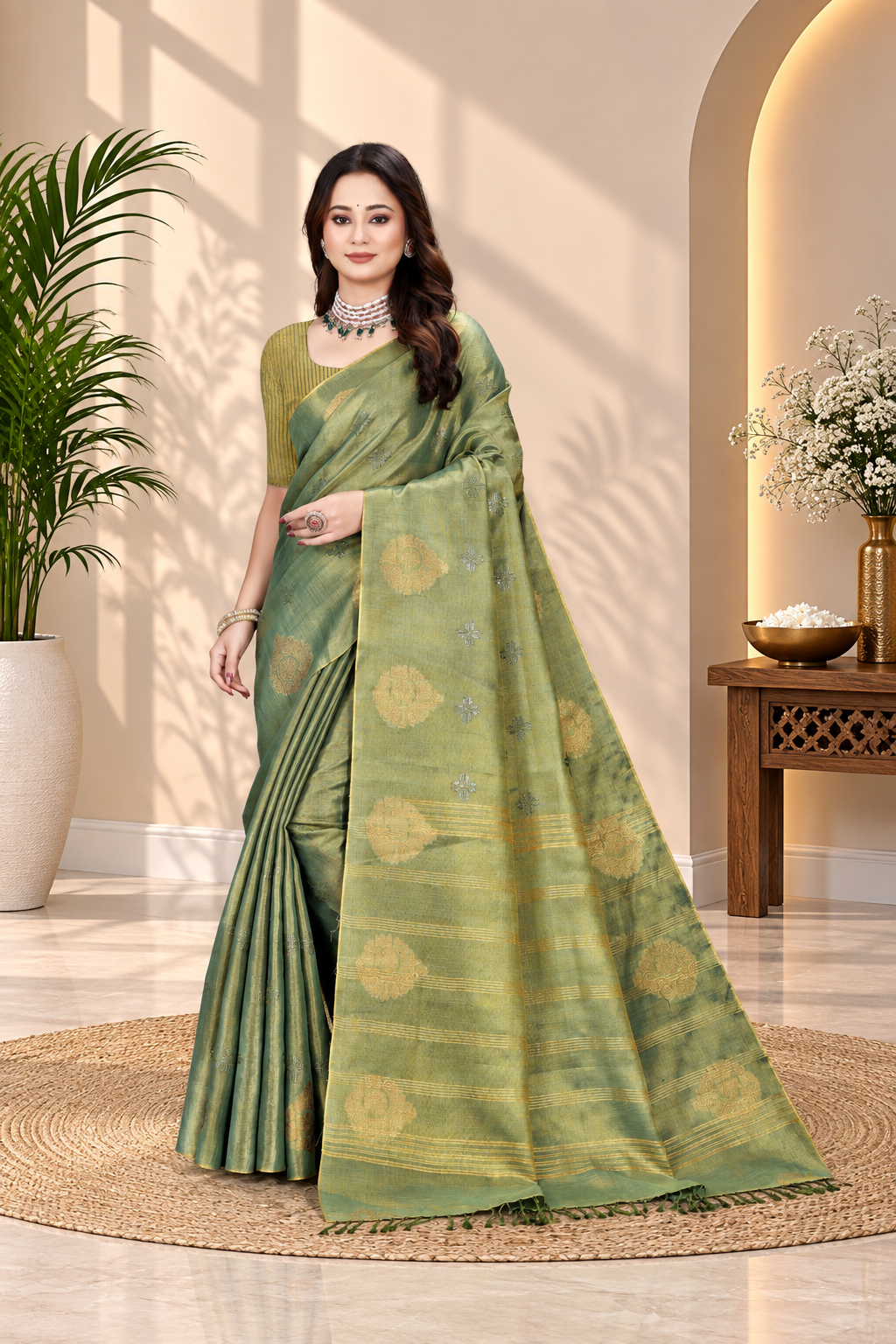 OWLSKY, SASSY & STYLO Women's Elegant Linen Weaving Saree with Unstitched Blouse Piece Olive Green