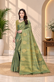 OWLSKY, SASSY & STYLO Women's Elegant Linen Weaving Saree with Unstitched Blouse Piece Olive Green