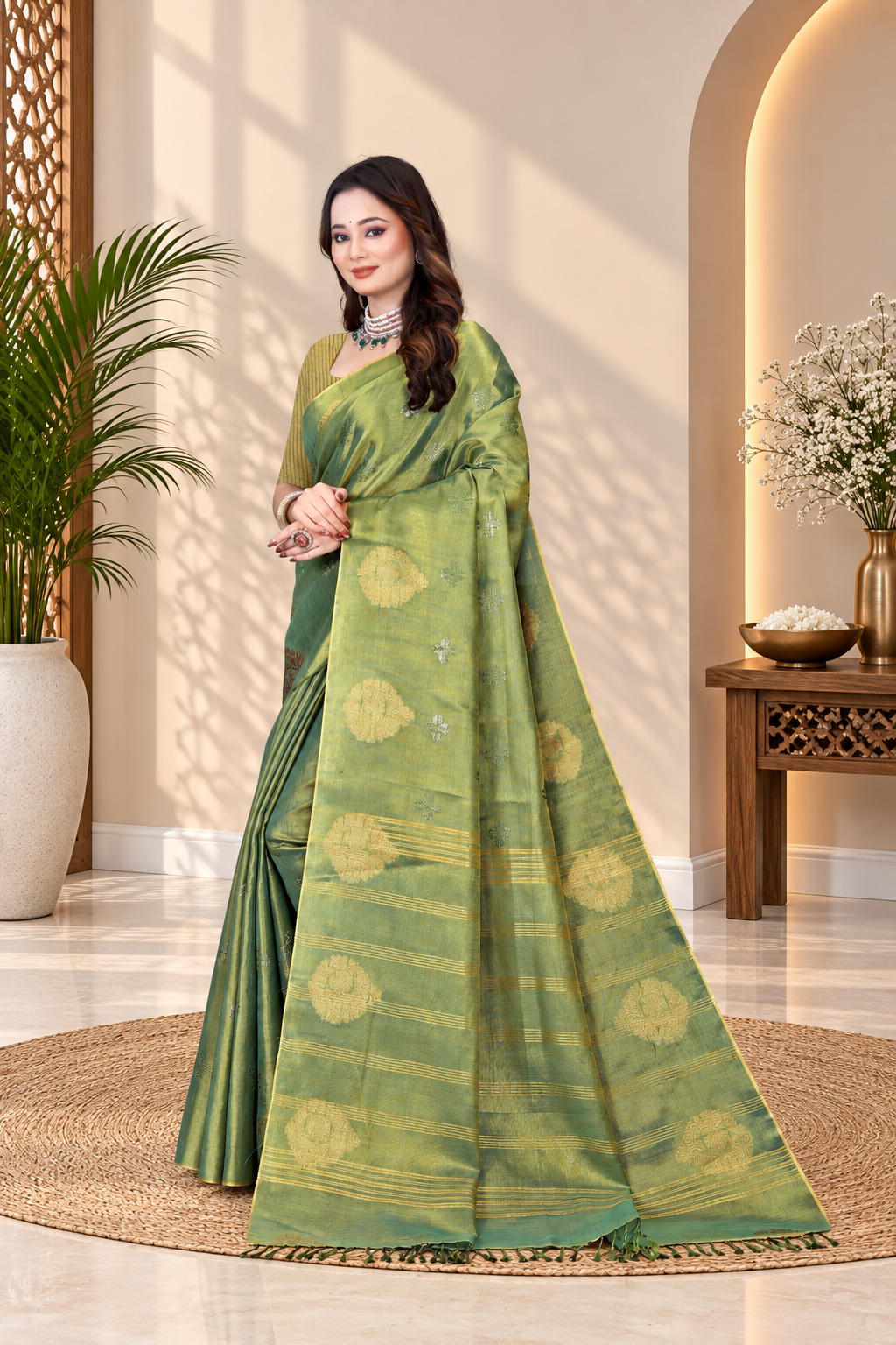 OWLSKY, SASSY & STYLO Women's Elegant Linen Weaving Saree with Unstitched Blouse Piece Olive Green