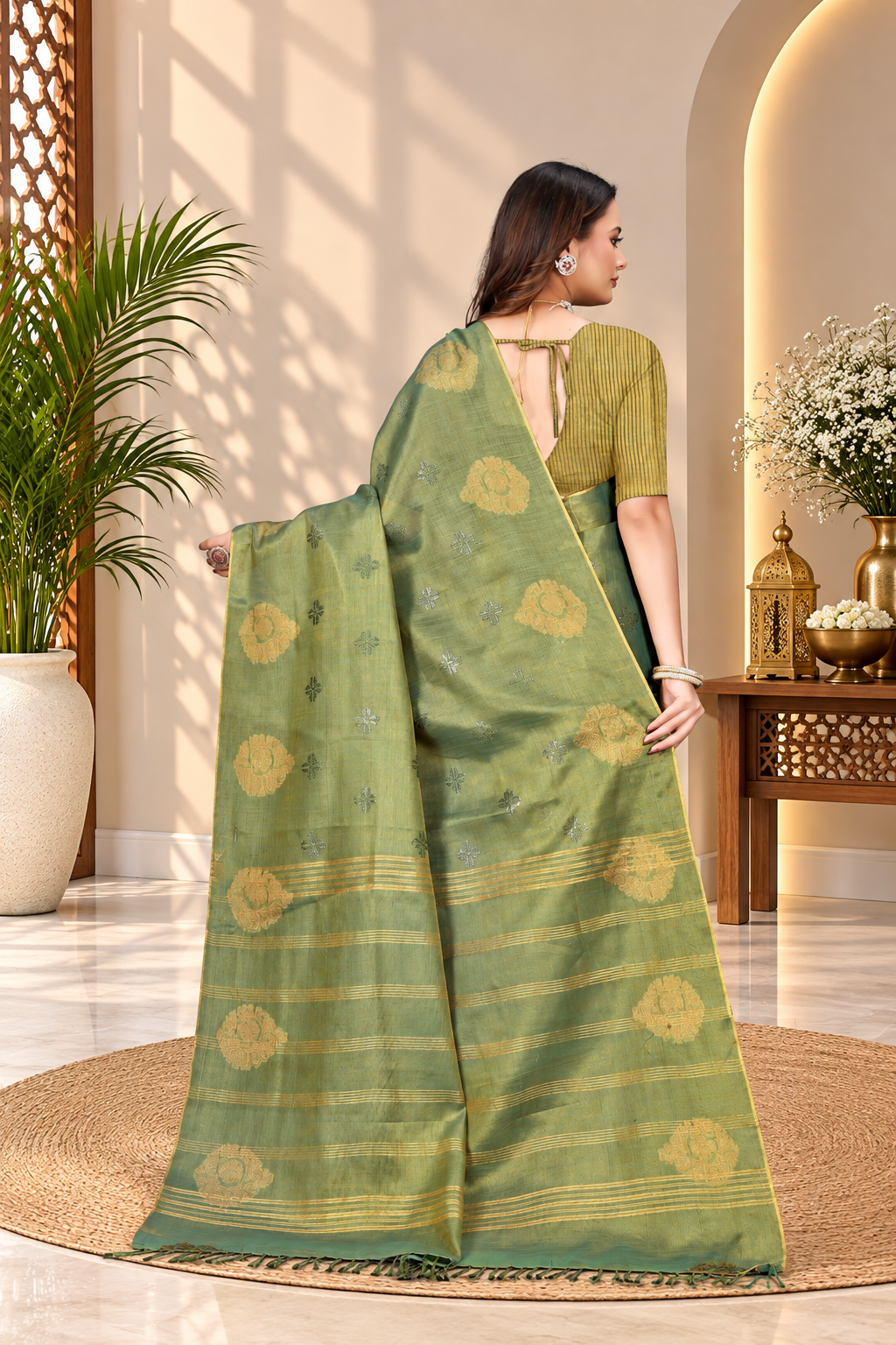 OWLSKY, SASSY & STYLO Women's Elegant Linen Weaving Saree with Unstitched Blouse Piece Olive Green