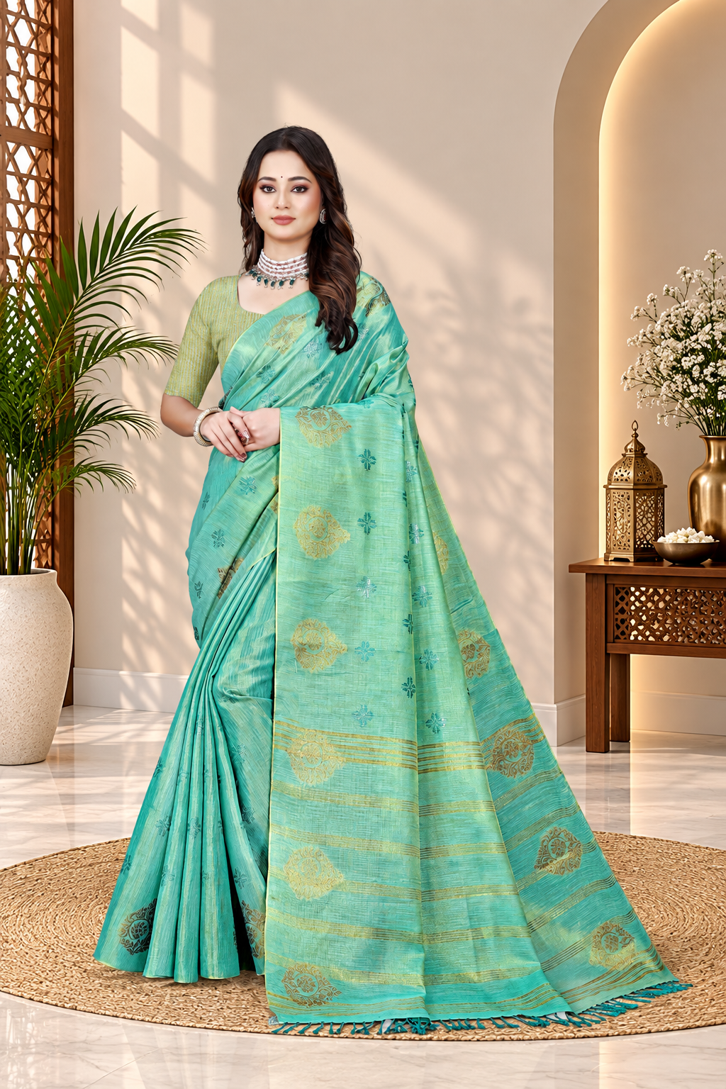 OWLSKY, SASSY & STYLO Women's Elegant Linen Weaving Saree with Unstitched Blouse Piece Aqua Blue
