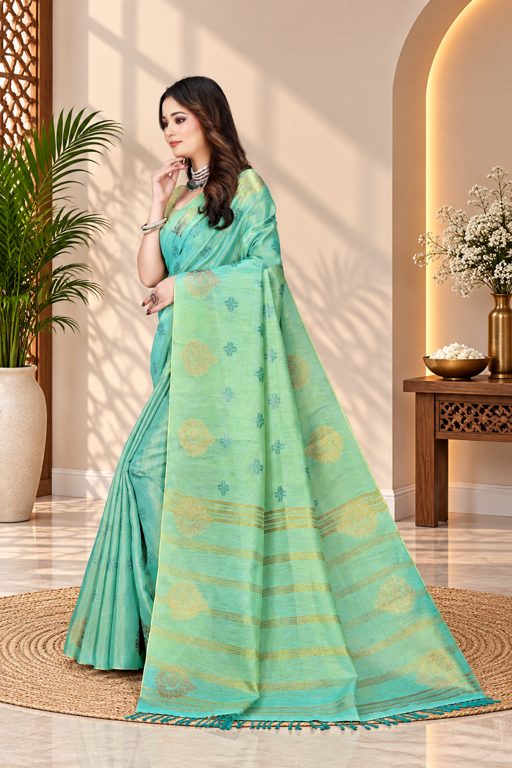 OWLSKY, SASSY & STYLO Women's Elegant Linen Weaving Saree with Unstitched Blouse Piece Aqua Blue