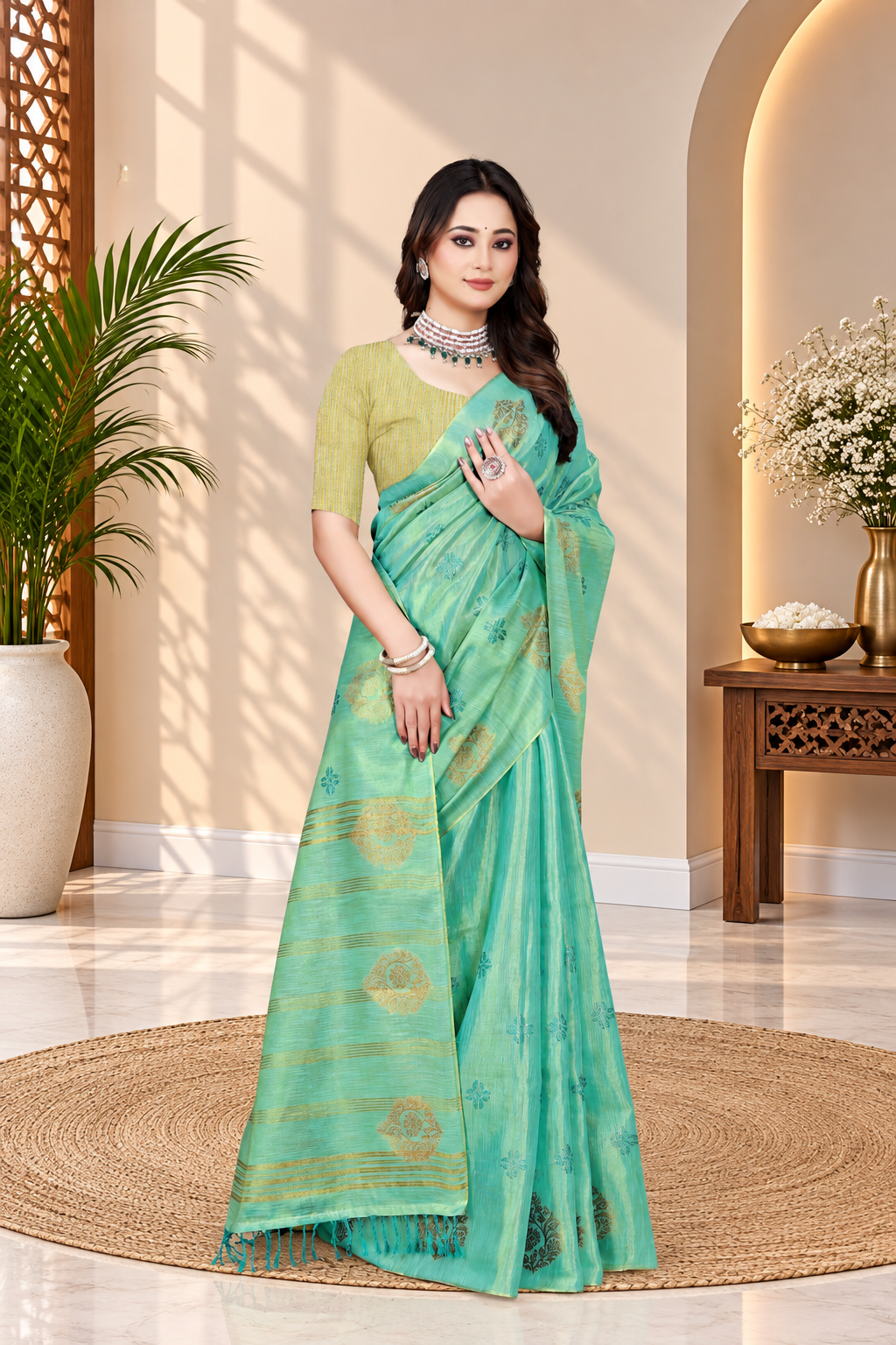 OWLSKY, SASSY & STYLO Women's Elegant Linen Weaving Saree with Unstitched Blouse Piece Aqua Blue