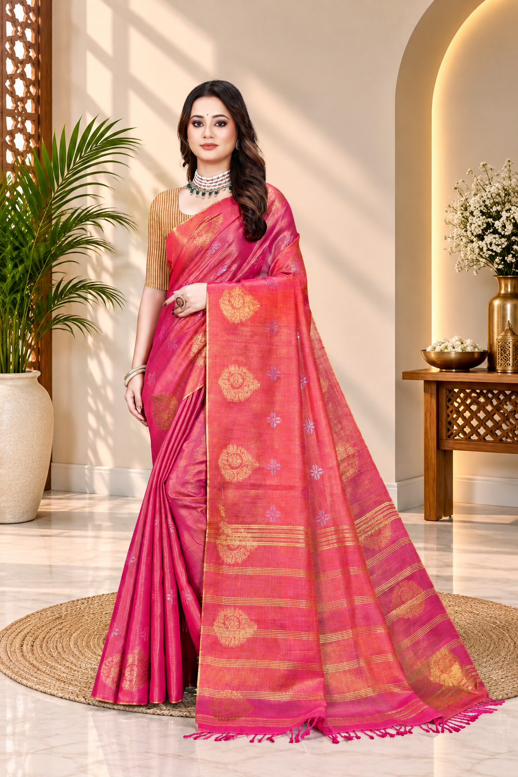 OWLSKY, SASSY & STYLO Women's Elegant Linen Weaving Saree with Unstitched Blouse Piece Rani Pink