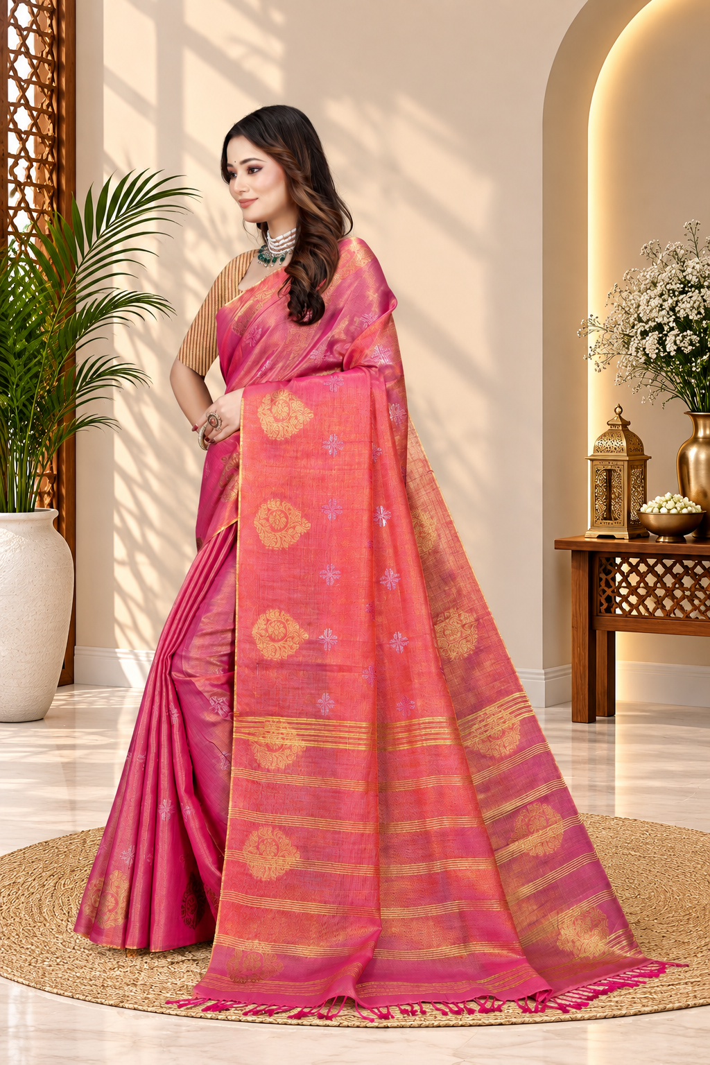 OWLSKY, SASSY & STYLO Women's Elegant Linen Weaving Saree with Unstitched Blouse Piece Rani Pink