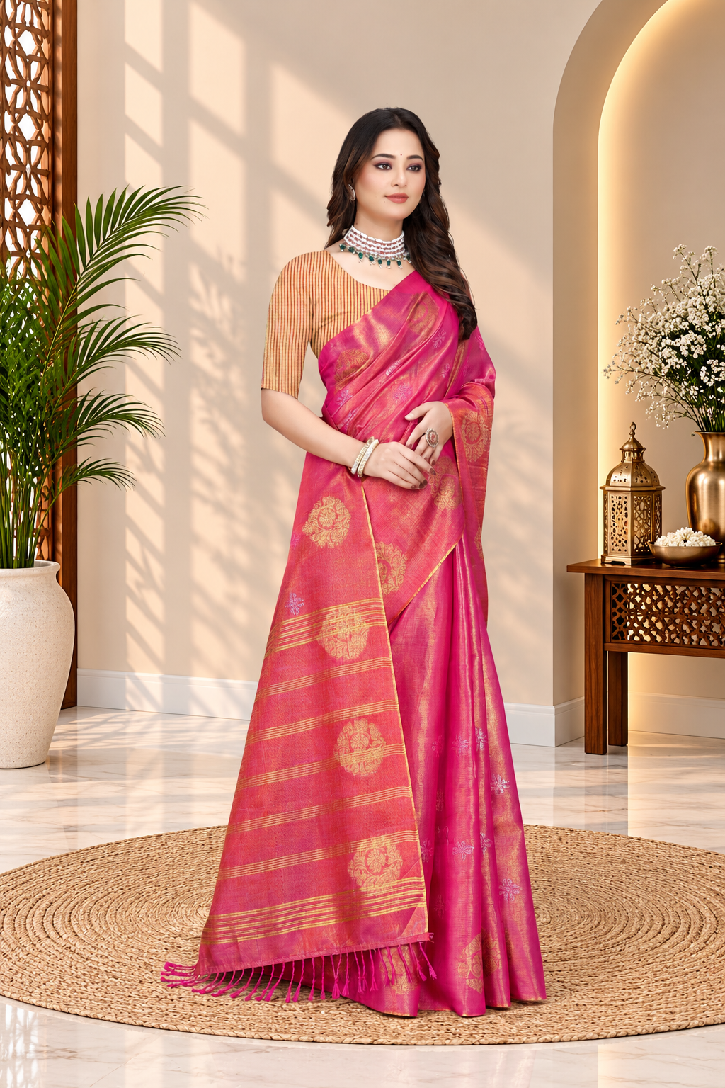 OWLSKY, SASSY & STYLO Women's Elegant Linen Weaving Saree with Unstitched Blouse Piece Rani Pink