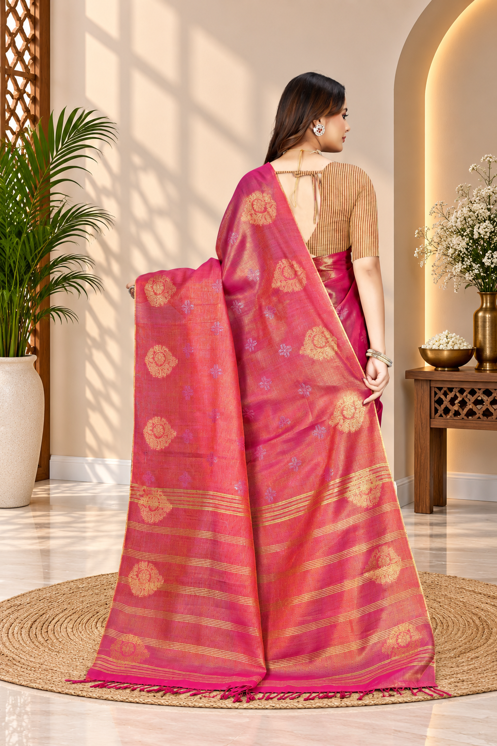 OWLSKY, SASSY & STYLO Women's Elegant Linen Weaving Saree with Unstitched Blouse Piece Rani Pink