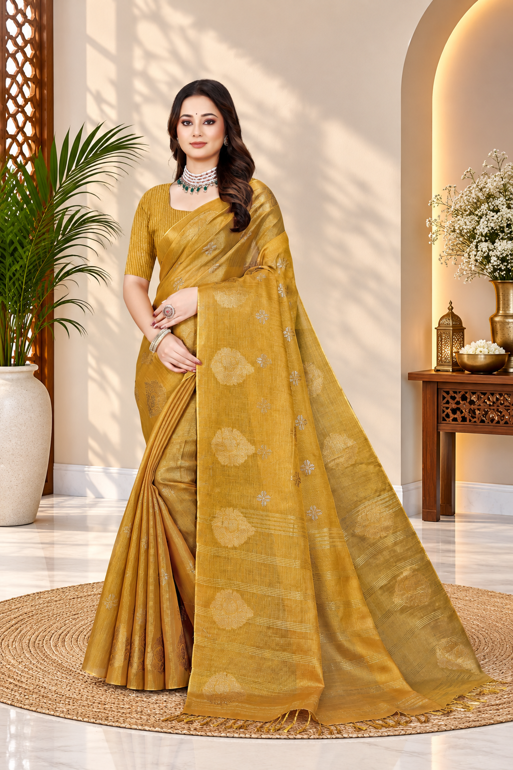 OWLSKY, SASSY & STYLO Women's Elegant Linen Weaving Saree with Unstitched Blouse Piece Yellow