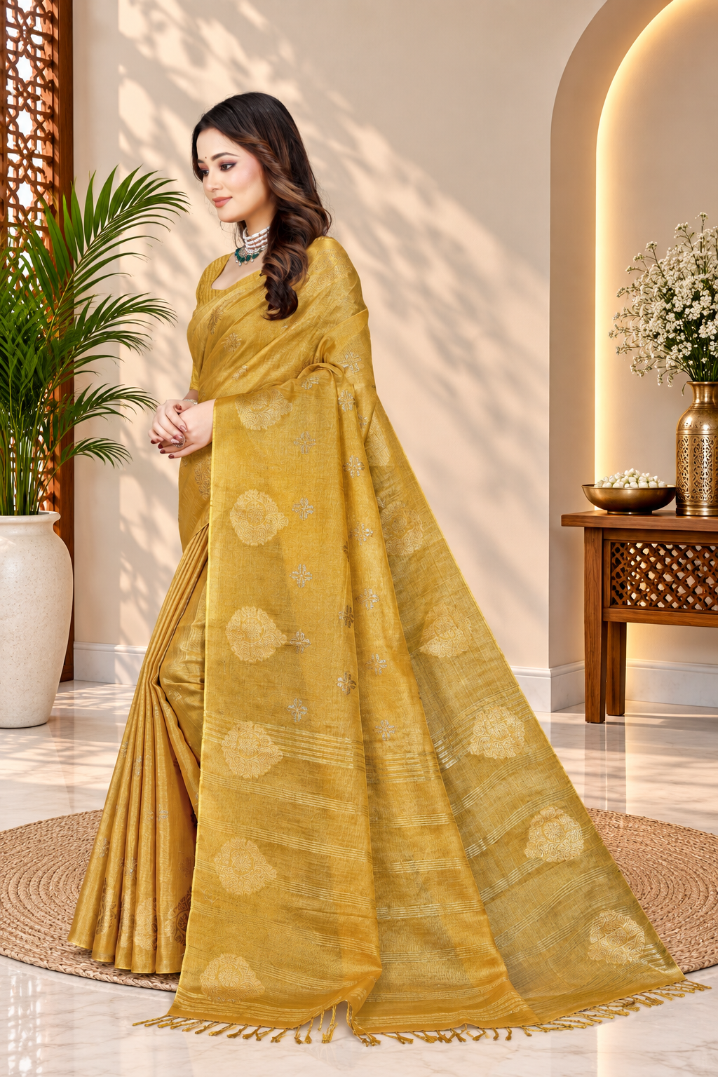 OWLSKY, SASSY & STYLO Women's Elegant Linen Weaving Saree with Unstitched Blouse Piece Yellow
