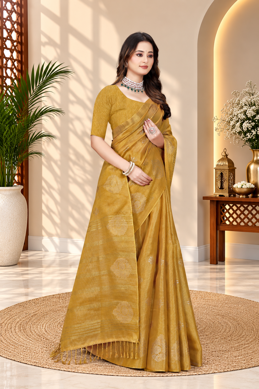 OWLSKY, SASSY & STYLO Women's Elegant Linen Weaving Saree with Unstitched Blouse Piece Yellow