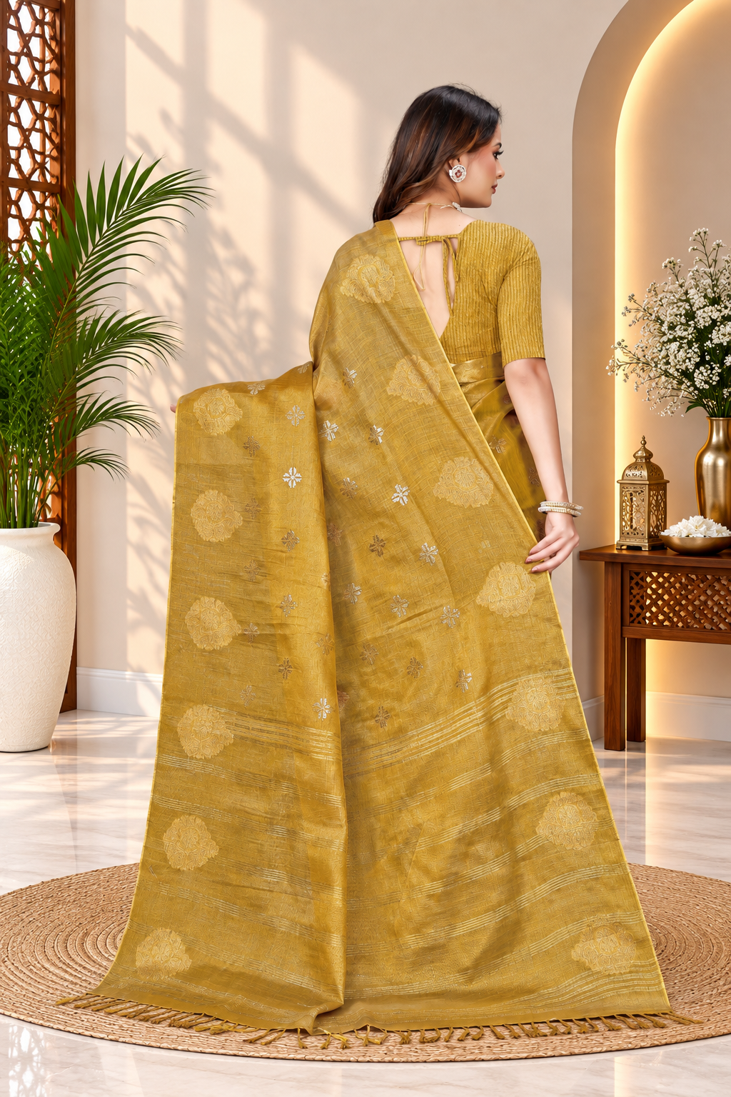 OWLSKY, SASSY & STYLO Women's Elegant Linen Weaving Saree with Unstitched Blouse Piece Yellow