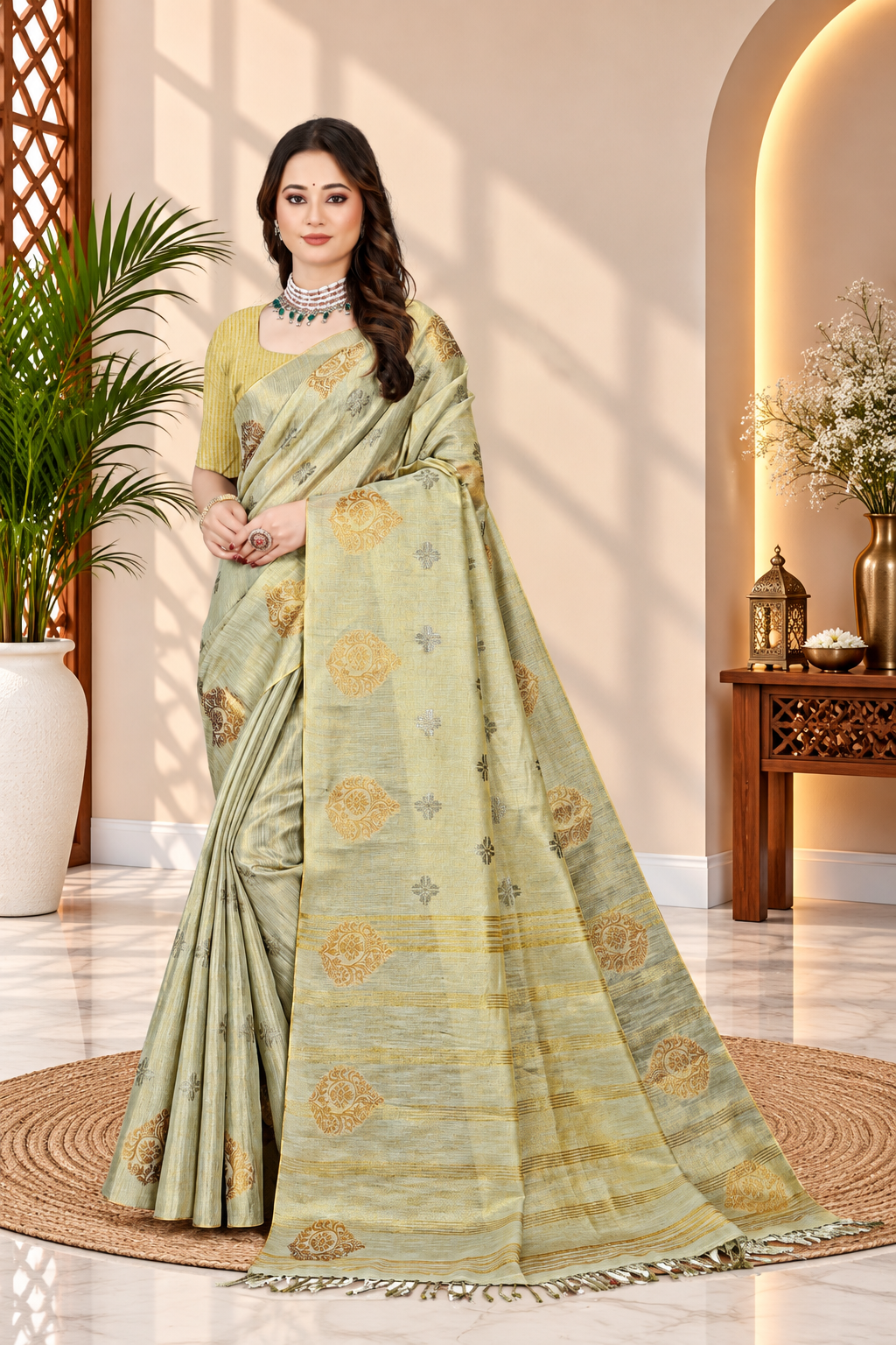 OWLSKY, SASSY & STYLO Women's Elegant Linen Weaving Saree with Unstitched Blouse Piece Light Gold