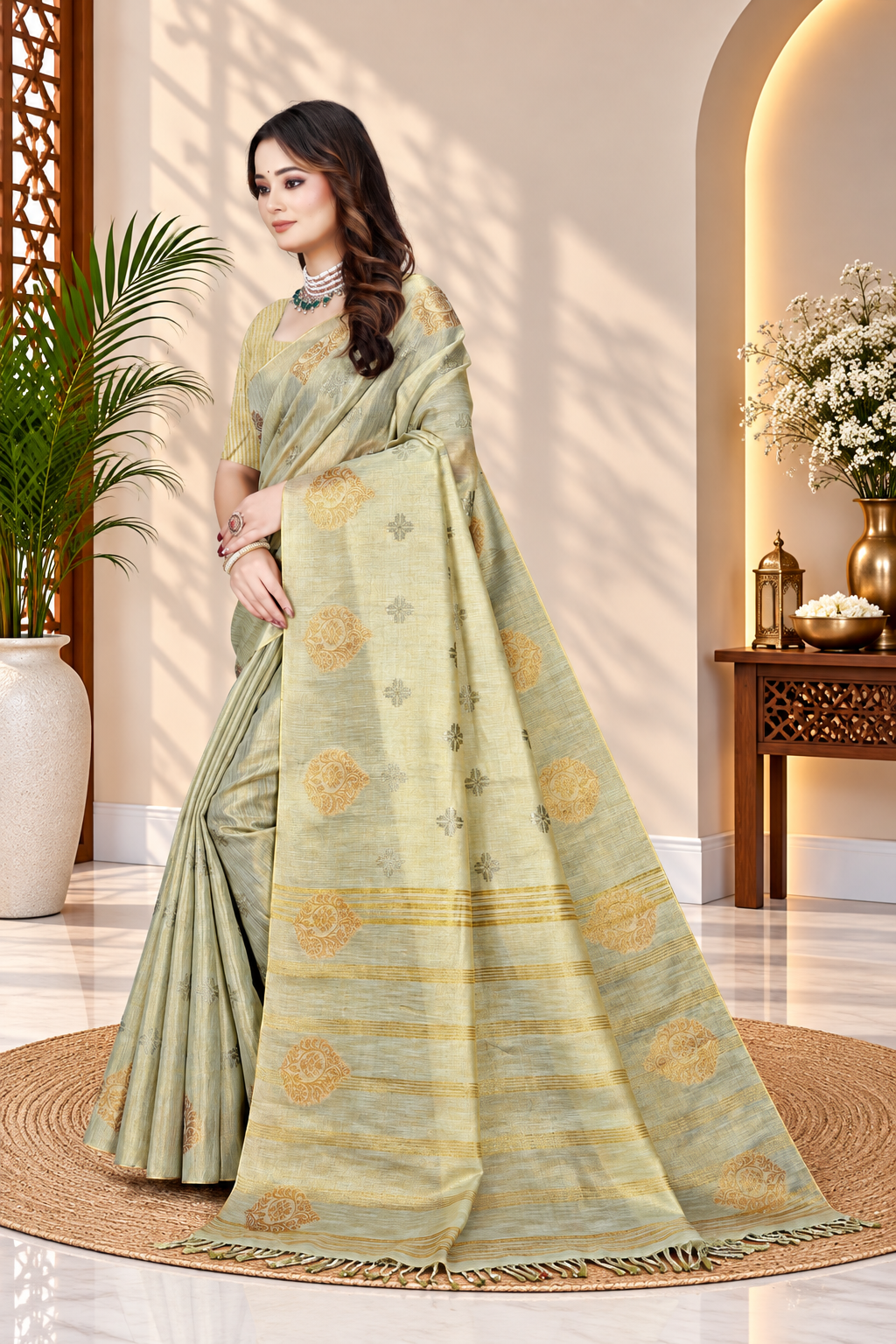 OWLSKY, SASSY & STYLO Women's Elegant Linen Weaving Saree with Unstitched Blouse Piece Light Gold