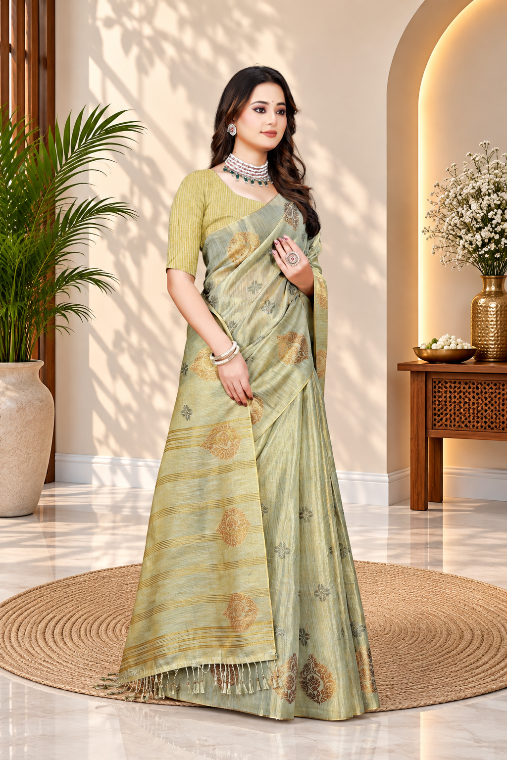 OWLSKY, SASSY & STYLO Women's Elegant Linen Weaving Saree with Unstitched Blouse Piece Light Gold