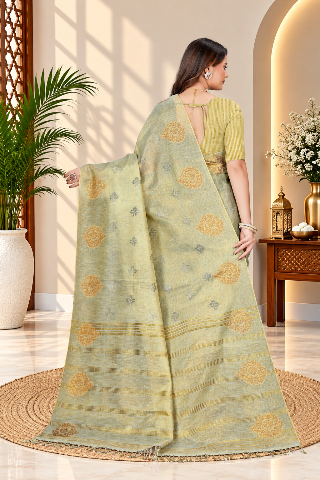 OWLSKY, SASSY & STYLO Women's Elegant Linen Weaving Saree with Unstitched Blouse Piece Light Gold