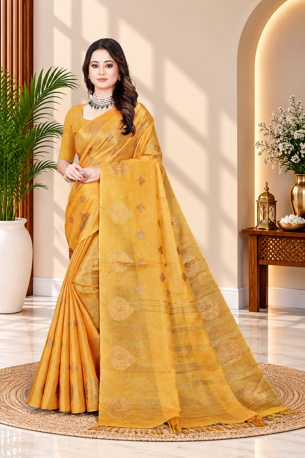 OWLSKY, SASSY & STYLO Women's Elegant Linen Weaving Saree with Unstitched Blouse Piece Golden
