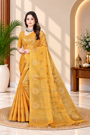 OWLSKY, SASSY & STYLO Women's Elegant Linen Weaving Saree with Unstitched Blouse Piece Golden