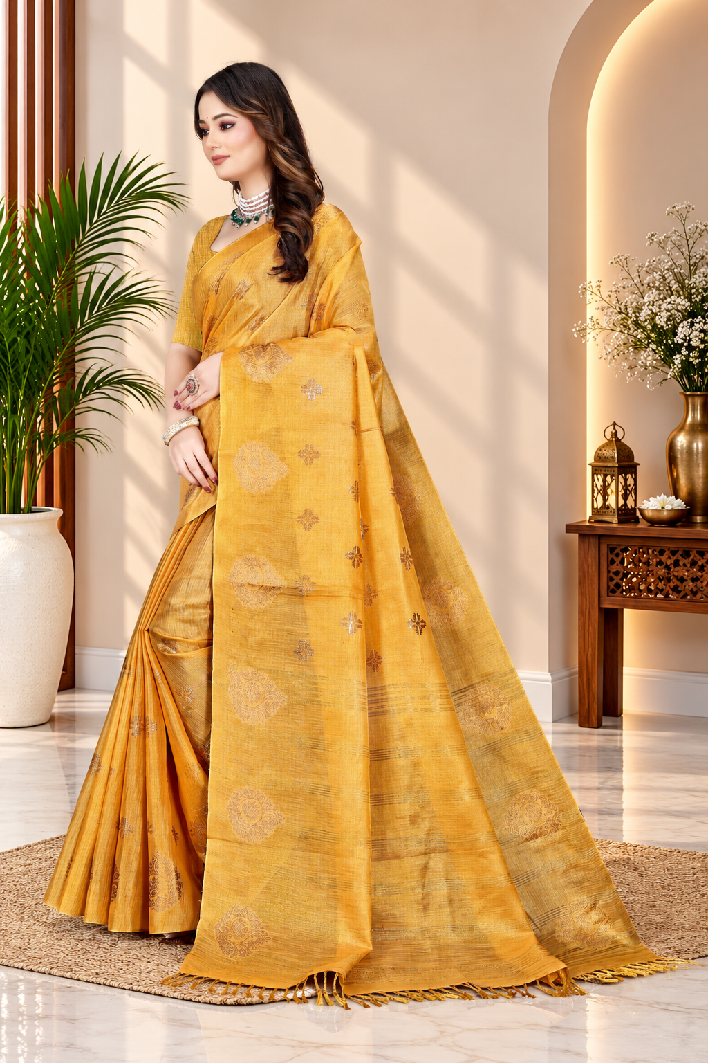 OWLSKY, SASSY & STYLO Women's Elegant Linen Weaving Saree with Unstitched Blouse Piece Golden