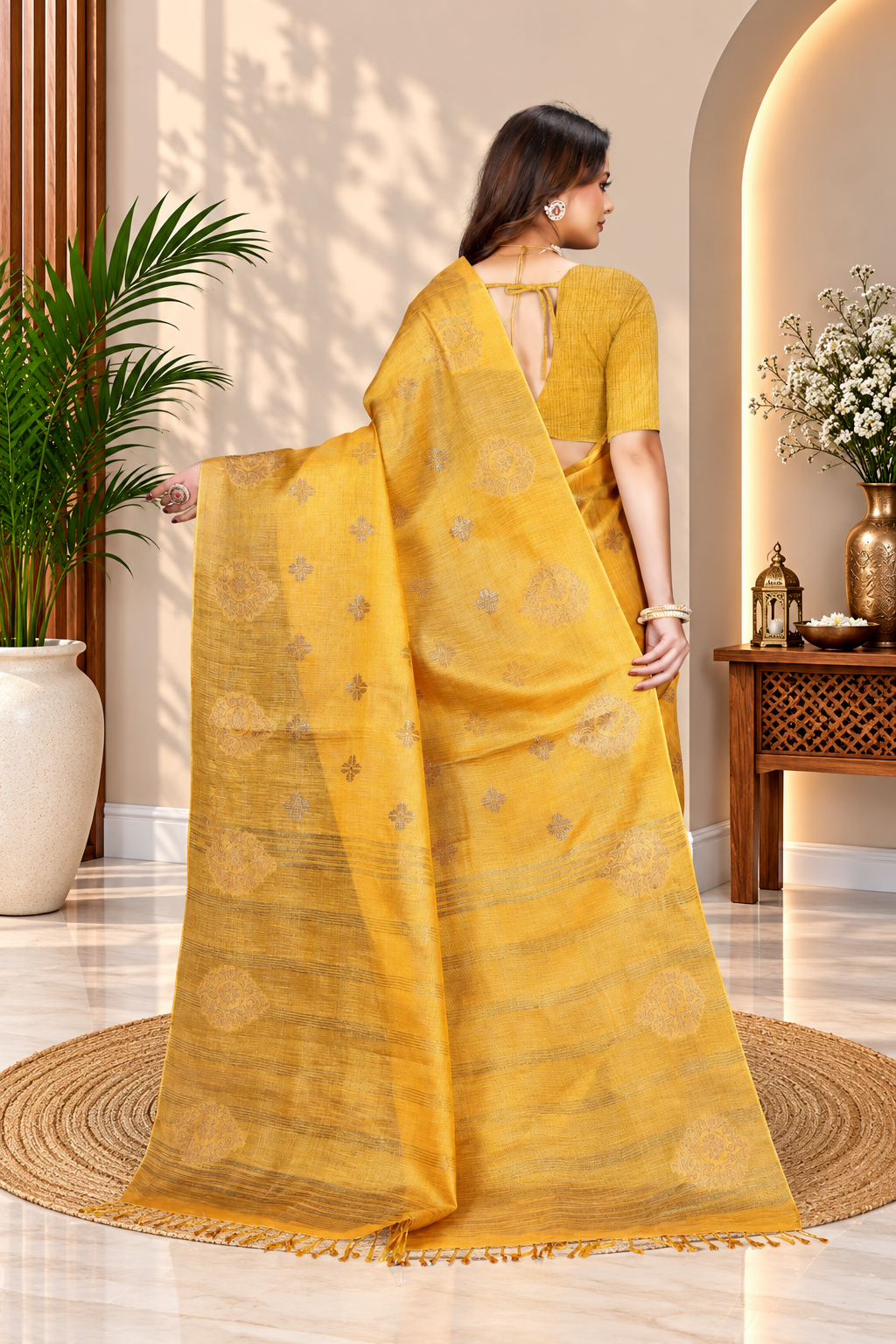 OWLSKY, SASSY & STYLO Women's Elegant Linen Weaving Saree with Unstitched Blouse Piece Golden