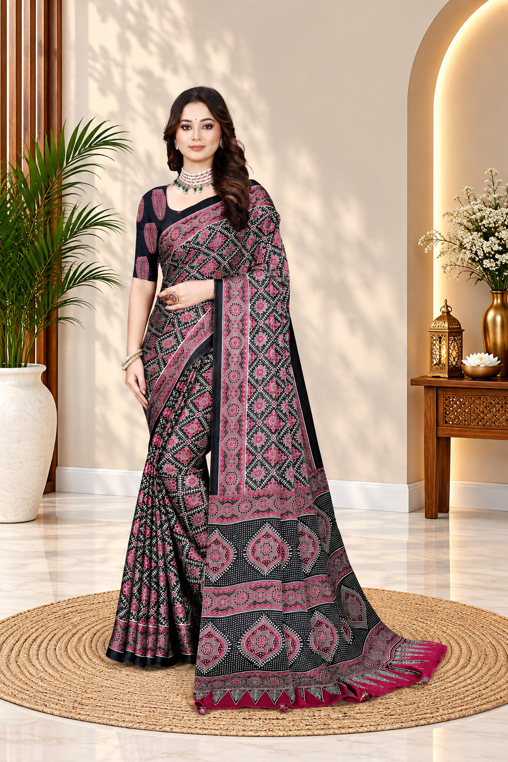 OWLSKY, SASSY & STYLO Womens Japan Satin Saree with Foil Print | Traditional Printed Saree with Unstitched Blouse | Festive Wear Saree for Women | Ethnic Designer Saree Dark Purple