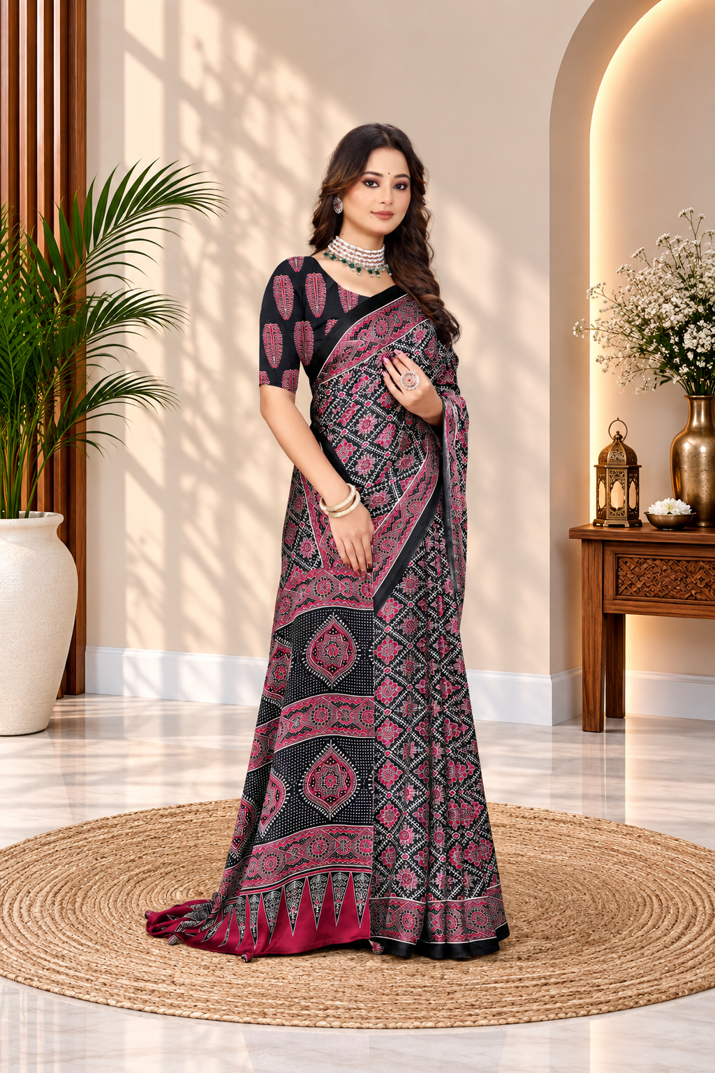 OWLSKY, SASSY & STYLO Womens Japan Satin Saree with Foil Print | Traditional Printed Saree with Unstitched Blouse | Festive Wear Saree for Women | Ethnic Designer Saree Dark Purple